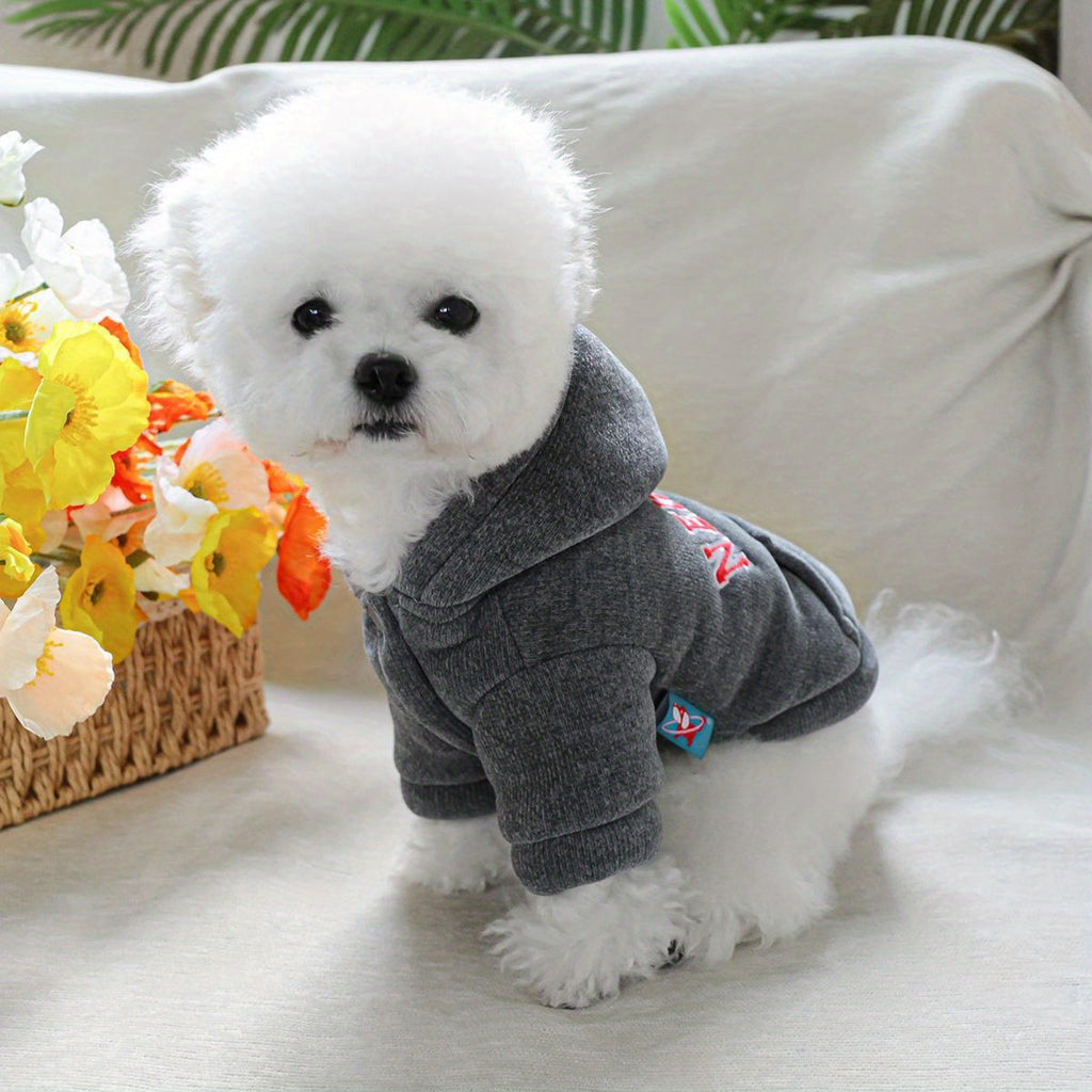 New York Hoodie Pet Coat, Thickened Grey Sweater for Dogs, Warm Winter Wear for Small Breeds, Polyester Knit with Hook & Fabric, Button Closure, Pet Apparel Accessories
