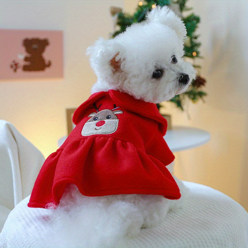Christmas Reindeer Couple Costume - Knitted Polyester Dog Skirt for Small Breeds, Press Button Closure, Festive Pet Apparel for Mini Dogs, Teddy, Bichon, Pomeranian - Winter and Spring Wear