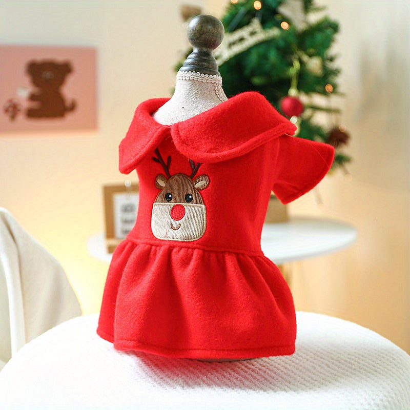 Christmas Reindeer Couple Costume - Knitted Polyester Dog Skirt for Small Breeds, Press Button Closure, Festive Pet Apparel for Mini Dogs, Teddy, Bichon, Pomeranian - Winter and Spring Wear