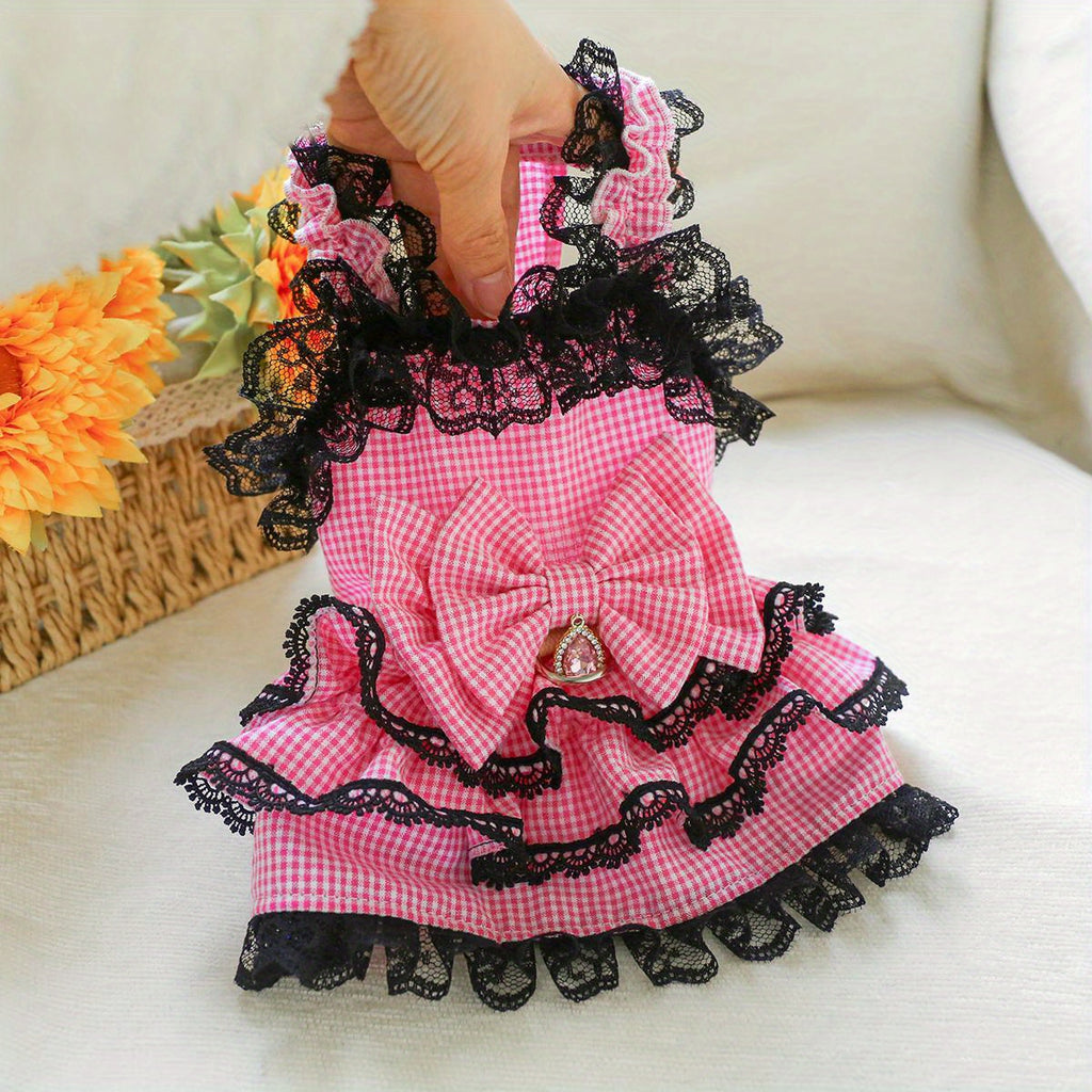 [Small Chic Pink Lace Dress] Chic Pink Lace Dog Dress - Comfortable & Stylish Pet Apparel for Small Breeds, Perfect for Spring/Summer