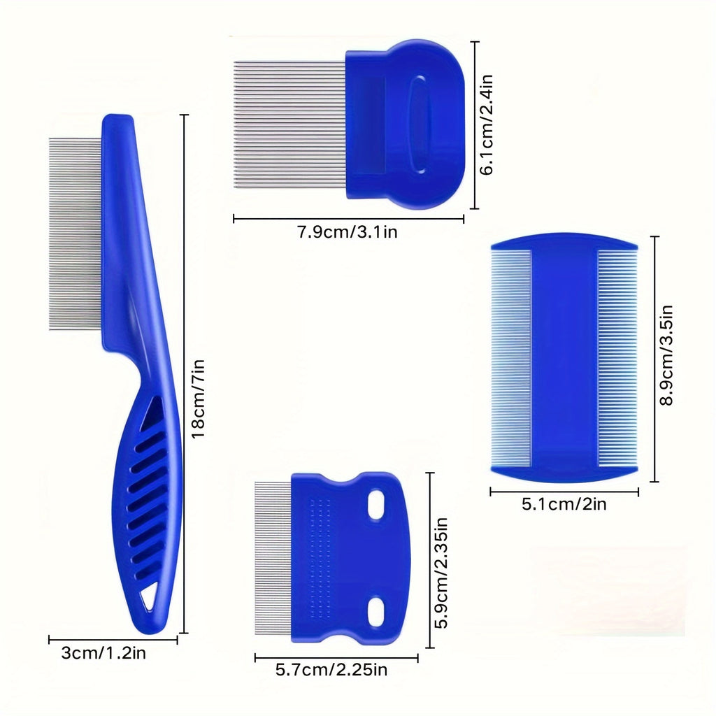 4pcs Flea & Lice Comb Set for Dogs and Cats - Stainless Steel, Blue, Double-Sided with Round Teeth, Ergonomic Handle, Professional Pet Grooming Tools, Ideal for All Pet Sizes, Pet Hygiene Essentials|Doublesided Comb|Durable P