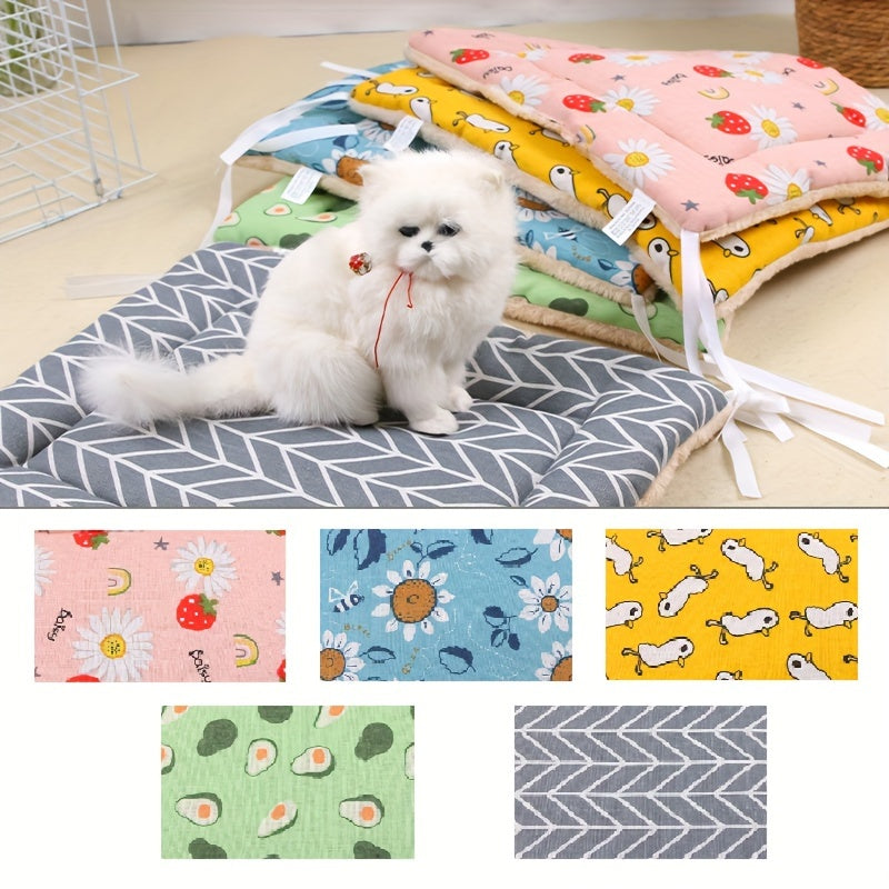 1 Piece Reversible Plush Cartoon Print Pet Bed - Soft Polyester Square Mat with Tie Straps, Polyester Fiber Filled for Ultimate Comfort, Assorted Fun Patterns, Perfect for Small to Medium Cats