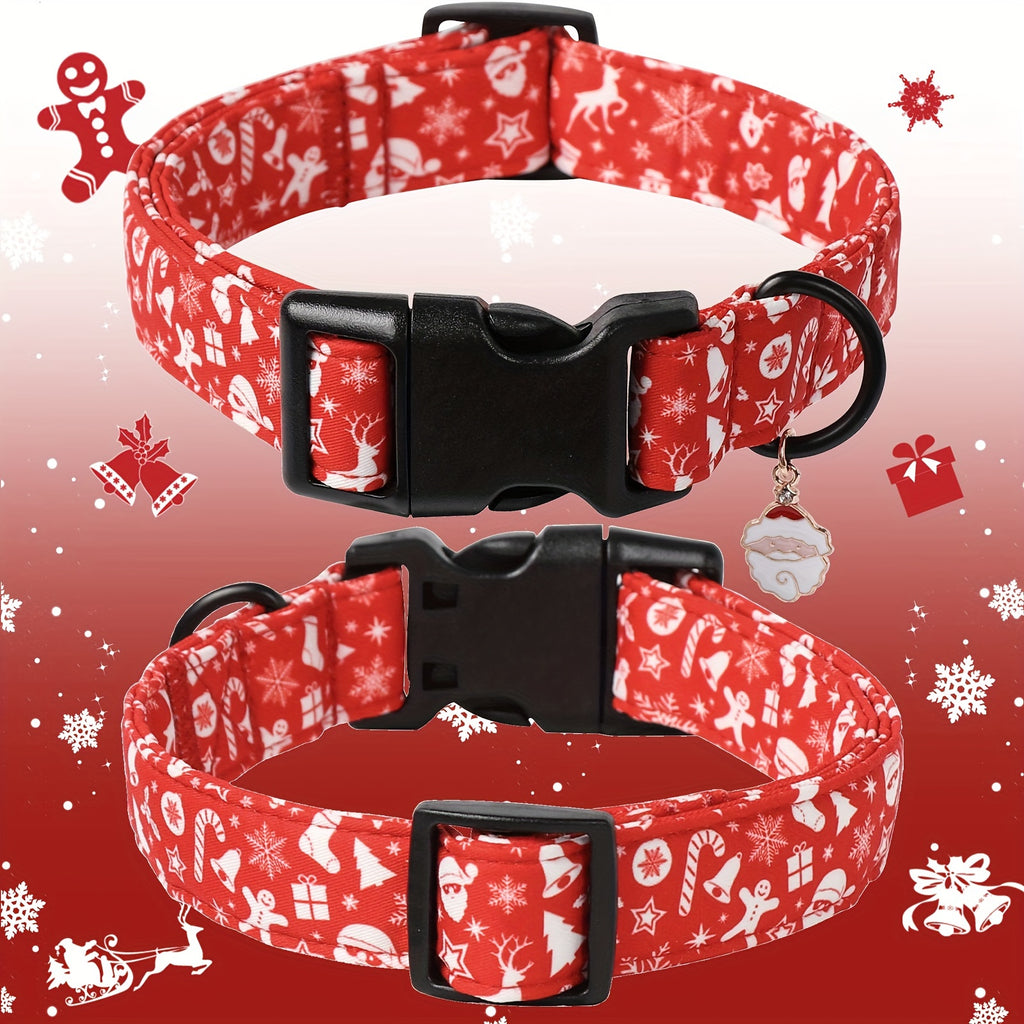 Festive Christmas Dog Collar with Santa & Snowman Prints - Adjustable, Soft Cotton Pet Collar for Small to Large Breeds - Includes D-Ring for Leash Attachment