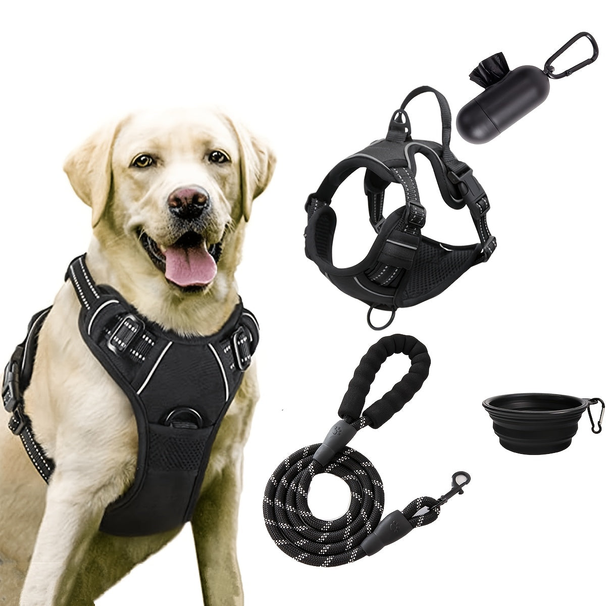 [5ft Leash Dog Harness] 5ft Leash, No Pull Dog Harness Set, Pet Harness | Foldable Dog Water Bowl, Dog Poop Bags And Holder | for Outdoor Camping, Walking, Running, Black, S, M, L, XL
