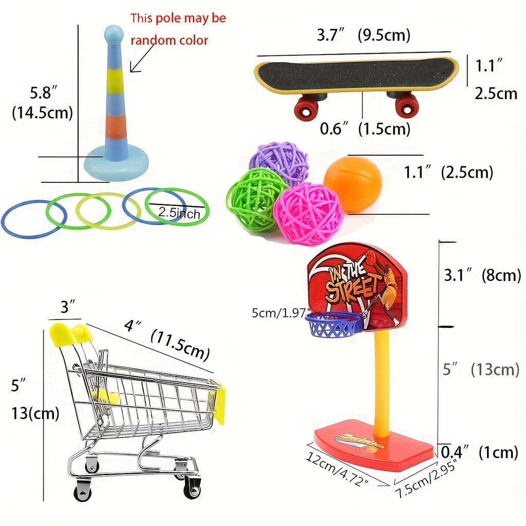 Craftsboys 5pcs Parrot Training Toy Set - Engaging Mini Shopping Cart, Basketball Hoop, Stacking Rings & More - Durable Plastic Bird Enrichment Kit for Cognitive Skills & Physical Exercise, Bird Toys