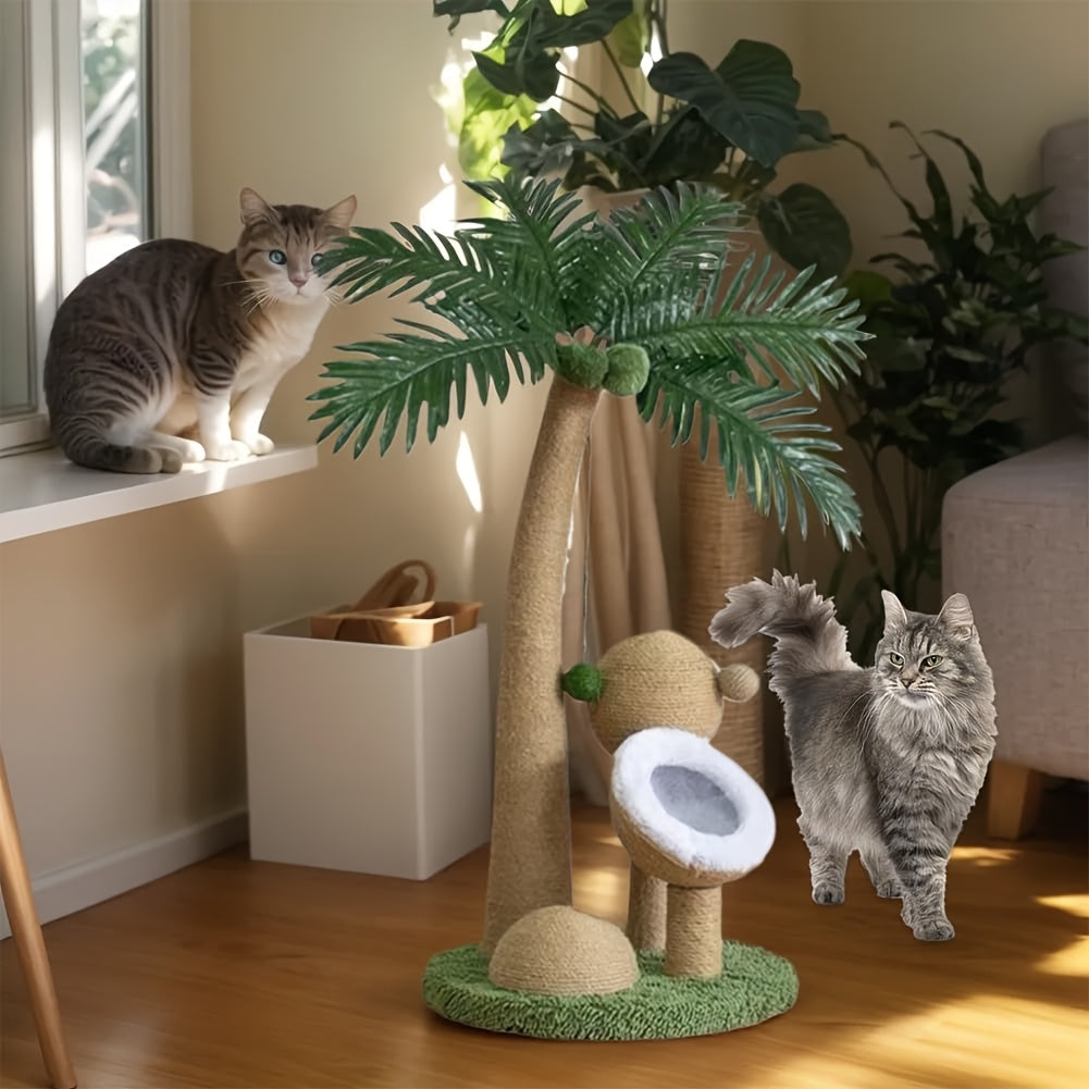 33 Inch Large Cat Scratching Post - Curved Palm Tree Design with Sisal Scratching Posts, 3 Interactive Balls & Dangling Toy, Sturdy Base & Anti-Topple for Climbing, Napping, Indoor Cats, Feline Enrichment, Playful Pet Furnitu