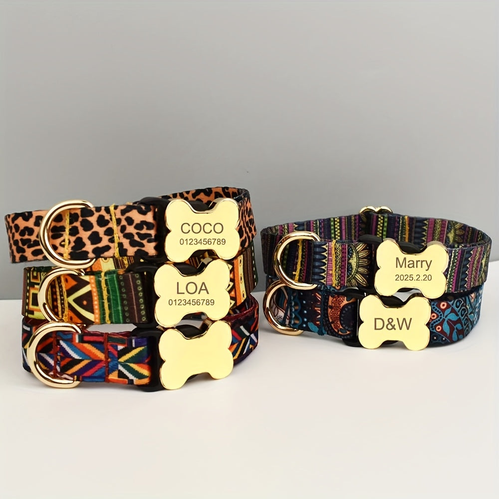[ Customization ] Personalized Ethnic Style Pet Collar With Metal Bone Buckle, Customized Name And Phone Number Dog ID Tag, Suitable For Large/medium/small Dogs, Easy To Fasten And Release - Soft, Adjustable Pet Accessories -