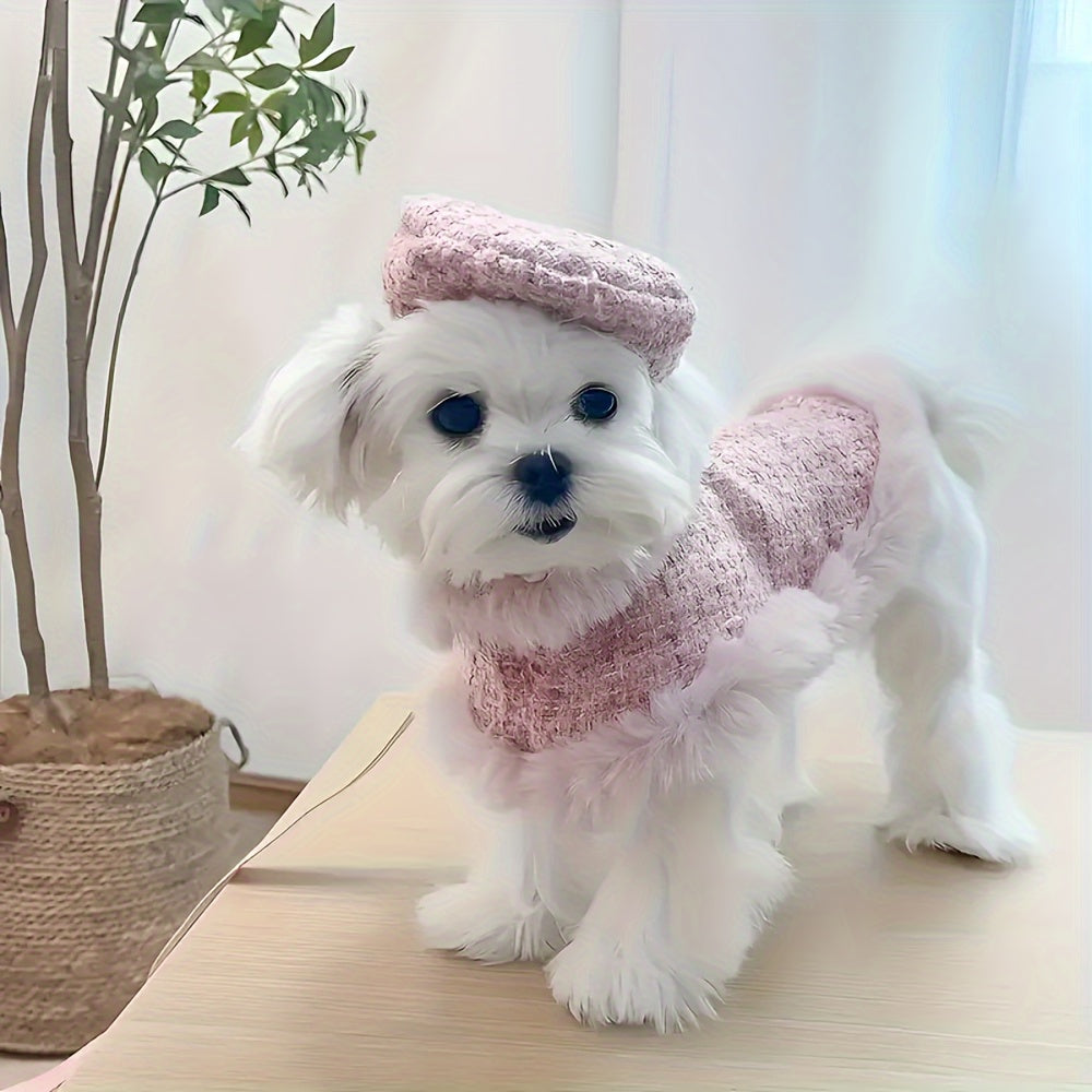 Cozy Pink Plush Dog Sweater with Adjustable Harness and Leash Set - Knit Winter Coat for Small to Medium Breeds, Fashionable Pet Apparel for Autumn & Winter Comfort