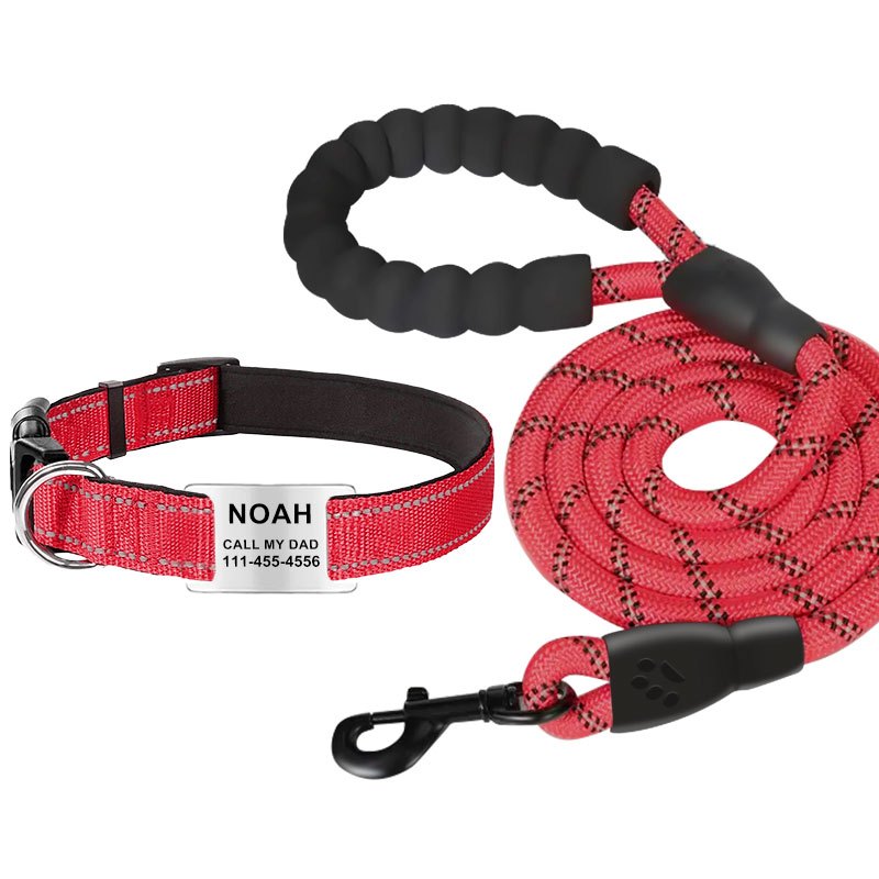 [Durable Adjustable Dog Leash] Custom Engraved Reflective Dog Collar with Name Tag, Personalized Polyamide Pet Collar, Durable Adjustable Collar with Leash for Dogs