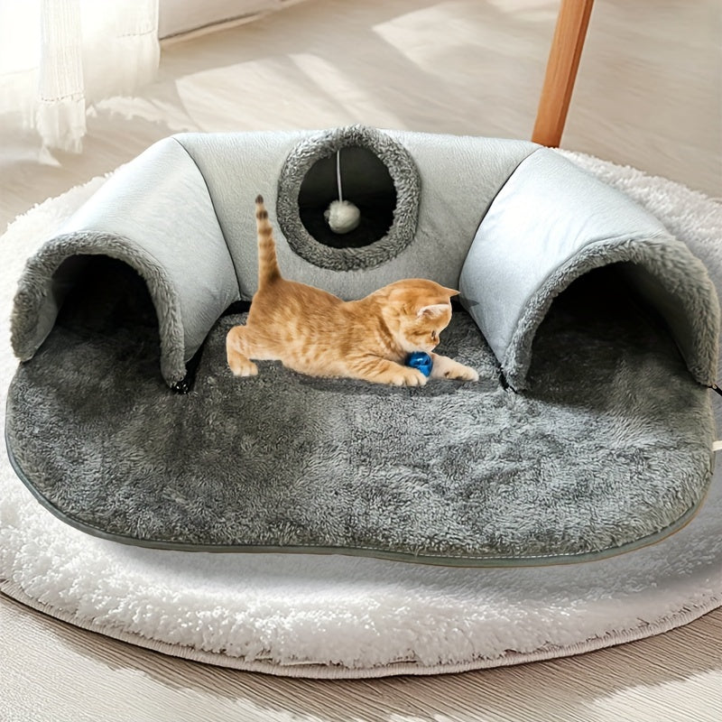 [Cozy Cat Tunnel] 3-in-1 Soft Polyester Cat Tunnel Bed & Playhouse | Cozy Hideout for Small Cats & Rabbits up to 8kg, Anti-Slip Bottom & Easy-Clean Design, Durable Pet Furniture