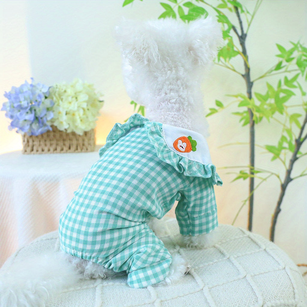 Cute Comfort, Adorable Carrot Rabbit Couple-Themed Green Plaid Jumpsuit for Small Dogs - Cozy Knit Pet Apparel for Spring & Autumn