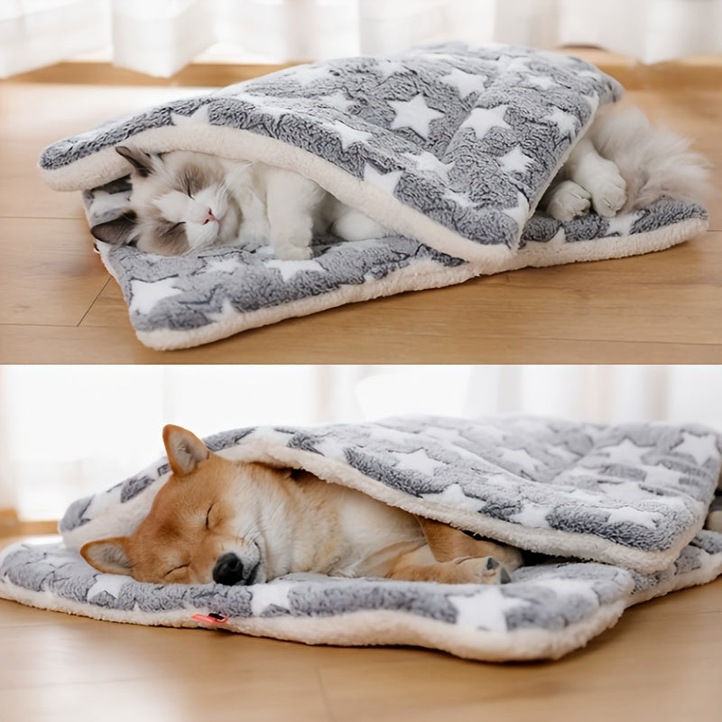 Cozy Plush Dog Mat - Thick, Warm Pet Bed with Geometric Star Pattern, Gray & White, Four Seasons, Polyester Fiber Filling, Ideal for Small to Large Breeds, Dog Sleeping Mat