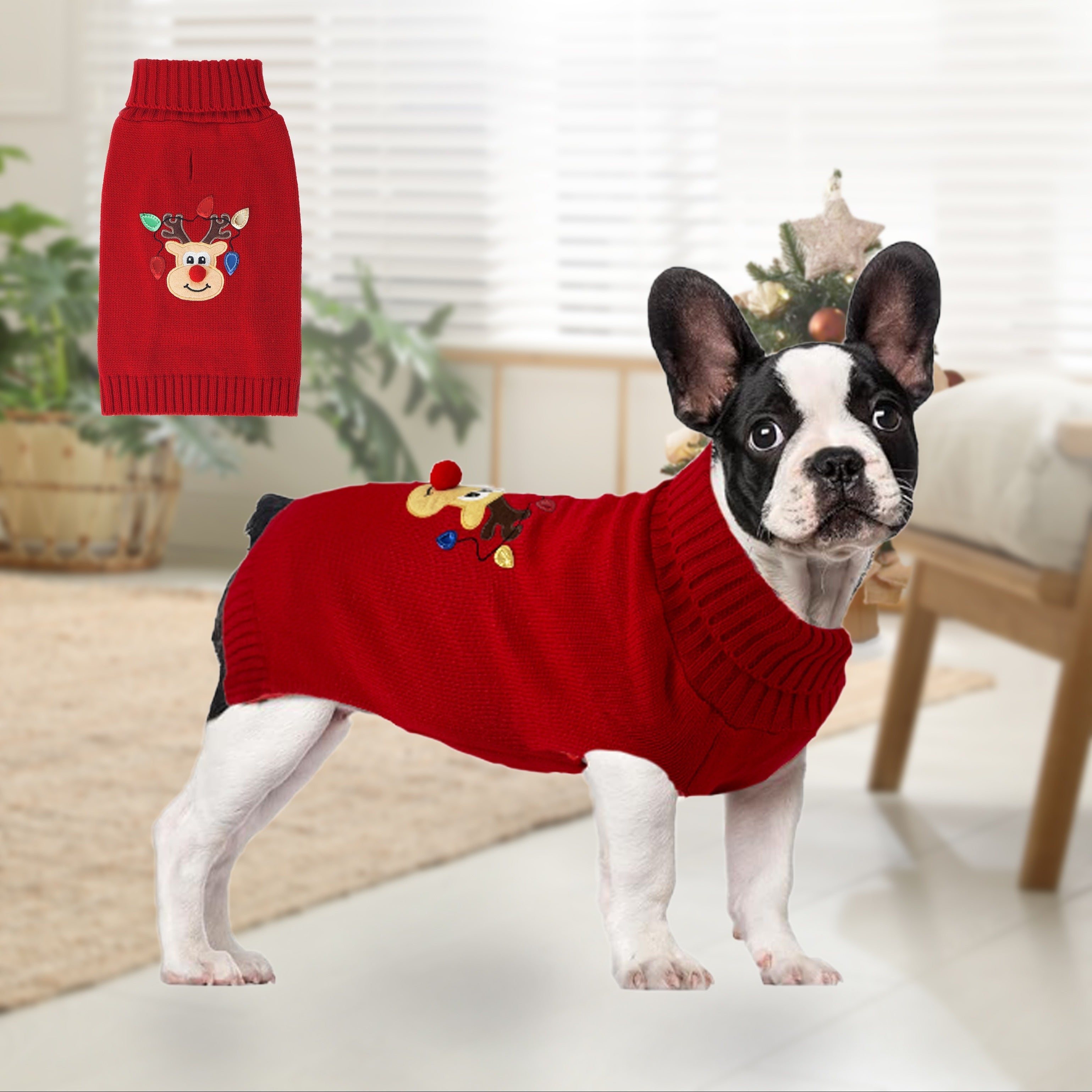 Red Doggie Sweater, Christmas Reindeer Graphic Puppy Dog Clothes for Stocking Stuffers, Pet Apparel