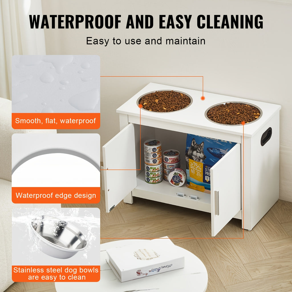 Happybuy Elevated Dog Feeding Station with 2 Stainless Steel Bowls & - Modern White Wood Pet Dispenser, Heavy-Duty Elevated /Water Dispenser for Large Breeds, Space-Saving Design for Home, Easy ssembly, Pet Feeding Station, R