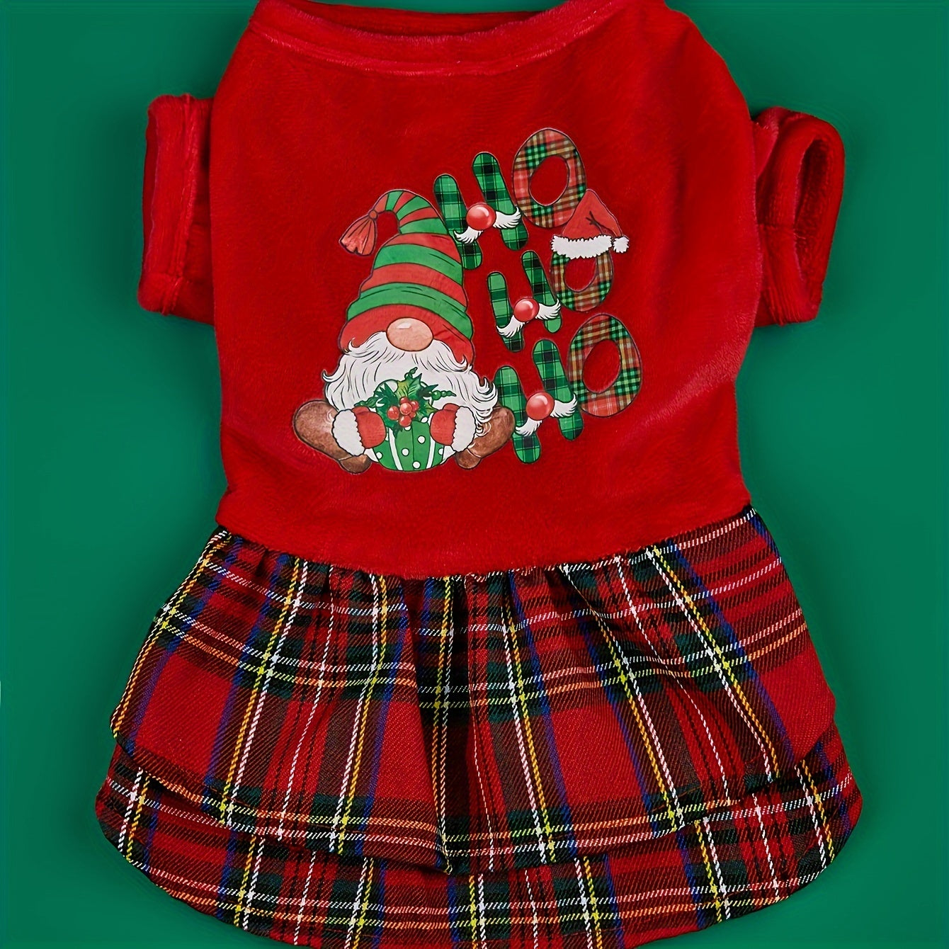 Christmas Santa Print Dog Dress with Plaid Skirt - Polyester Knit Pullover Pet Apparel for Small to Medium Breeds - Machine Washable All-Season Costume