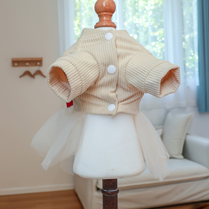 Chic Beige Tulle Dog Dress - Princess Style Pet Apparel for Small Breeds, Includes Pomeranian & Yorkie - Easy Snap Closure