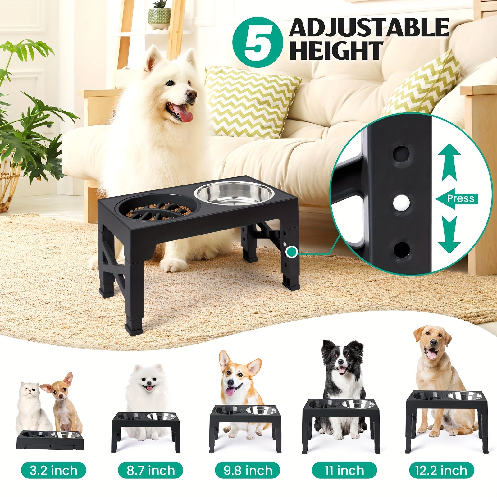 Adjustable Height Elevated Dog Bowl Stand, 5-Level Adjustment from 3.2" to 12.2", Includes 2 Stainless Steel Food Bowls & Slow Feeder, Sturdy Black Metal for Small to Large Dogs, Pet Feeding Station | Sleek Dog Stand | Durabl
