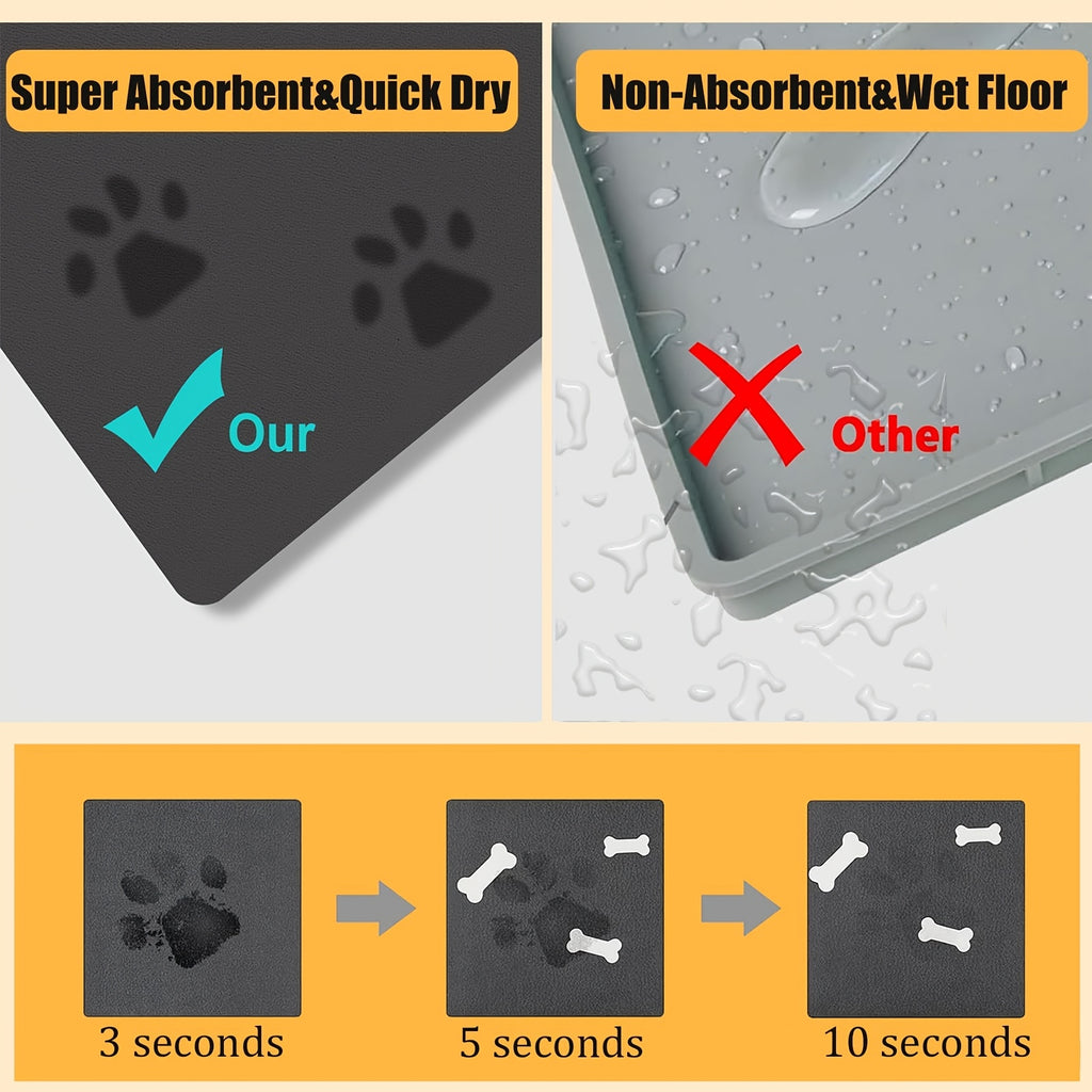 Quick-Dry Absorbent Pet Feeding Mat for Dogs and Cats, Waterproof Rubber Backing, Stain-Resistant, 12"x20", Dark Gray