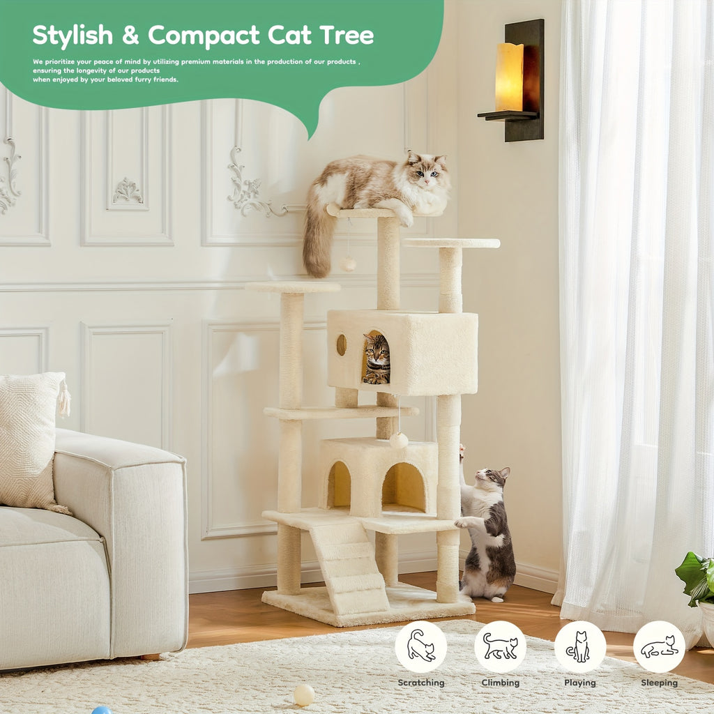 54in Cat Tree Tower for Indoor Cats, Multi-Level Pet Furniture, Kitty Play House with Sisal Scratching Post, Large Condo, Climbing Ladder, Plush Toy for Kitten, Beige and Gray