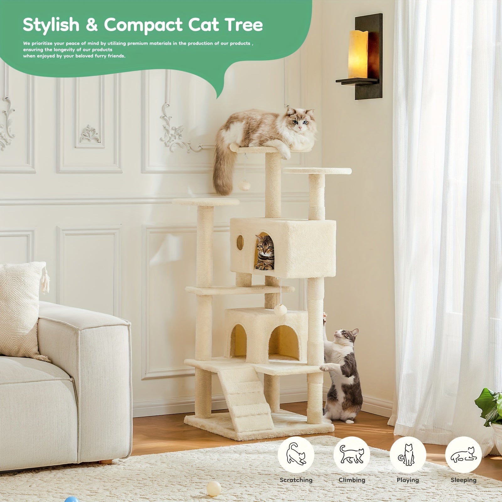 54in Cat Tree Tower for Indoor Cats, Multi-Level Pet Furniture, Kitty Play House with Sisal Scratching Post, Large Condo, Climbing Ladder, Plush Toy for Kitten, Beige and Gray