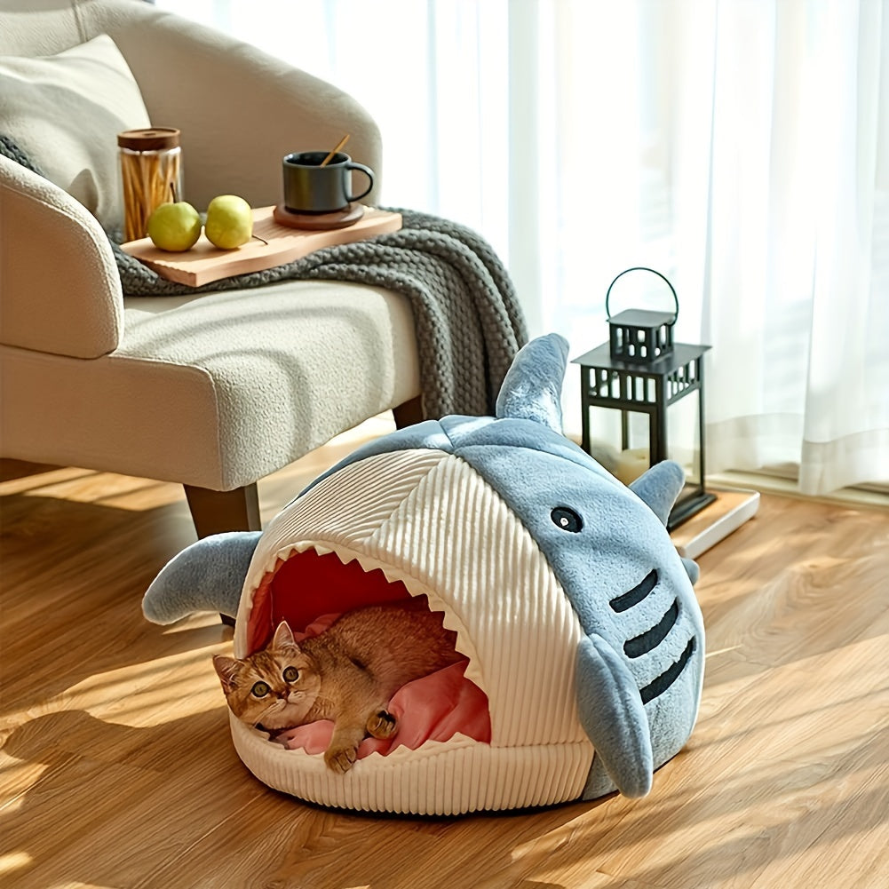 1pc, Shark-Shaped Pet Bed For Cats & Small Dogs, Cozy Cave With Non-Slip Bottom And Washable Cushion, Cute & Warm Indoor Nest