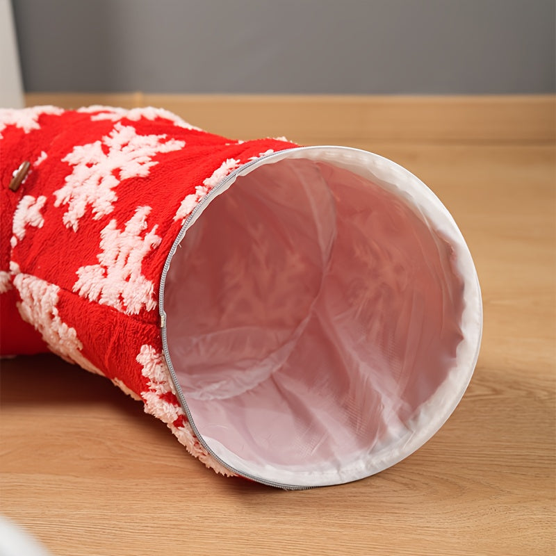 Christmas Cat Tunnel & Bed - Extra Large 37.01in Plush Warm Cozy Cat Bed with Expandable Donut, Snowflake Pattern, Holiday Theme, Anxiety Relief, Indoor Use, Red & Green, Cat Bed for Indoor Cats, Festive Pet Furniture, Playfu