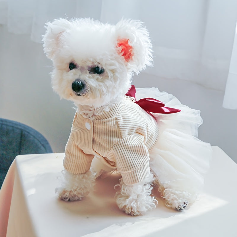 Chic Beige Tulle Dog Dress - Princess Style Pet Apparel for Small Breeds, Includes Pomeranian & Yorkie - Easy Snap Closure