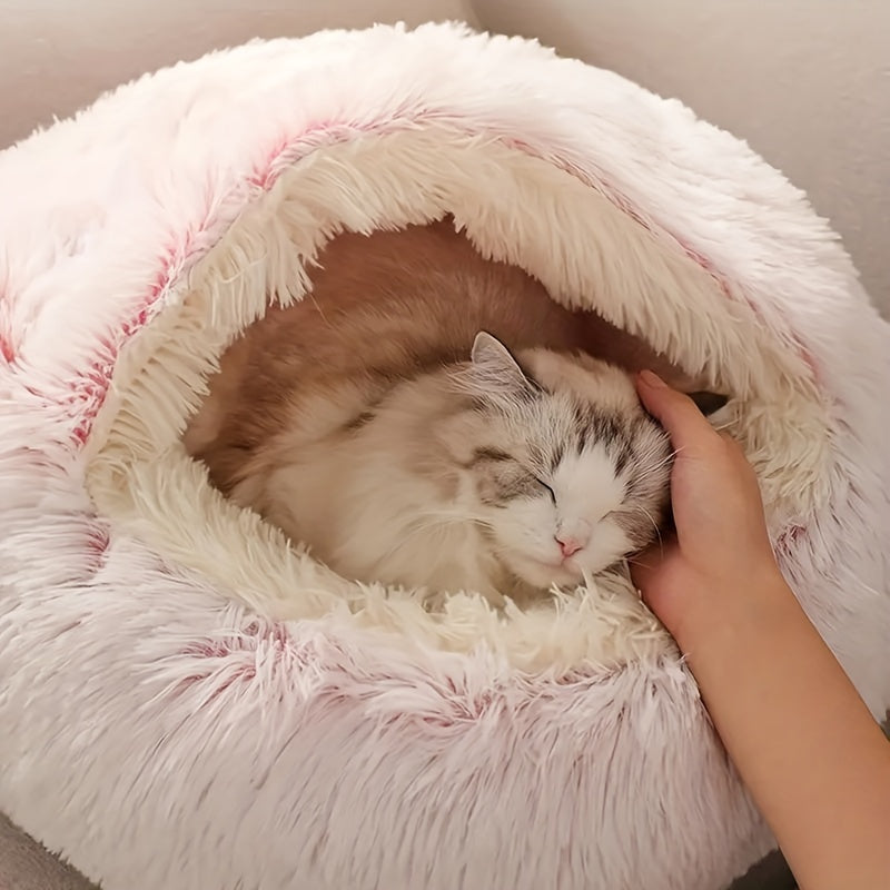 Plush Round Hooded Pet Bed, Warm Dog Bed Dog Cave Nest Soft Donut Dog Cushion Bed Calming Nest
