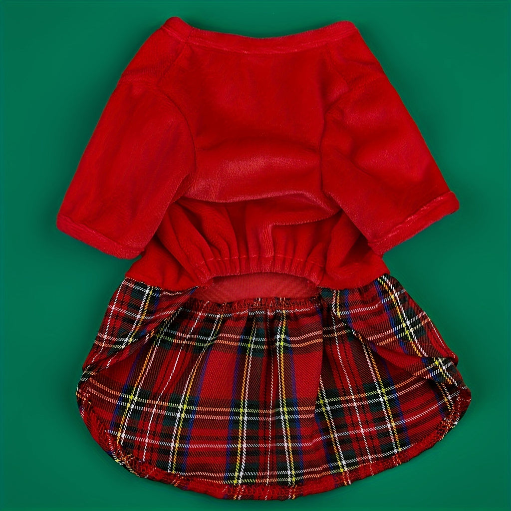 Christmas Santa Print Dog Dress with Plaid Skirt - Polyester Knit Pullover Pet Apparel for Small to Medium Breeds - Machine Washable All-Season Costume