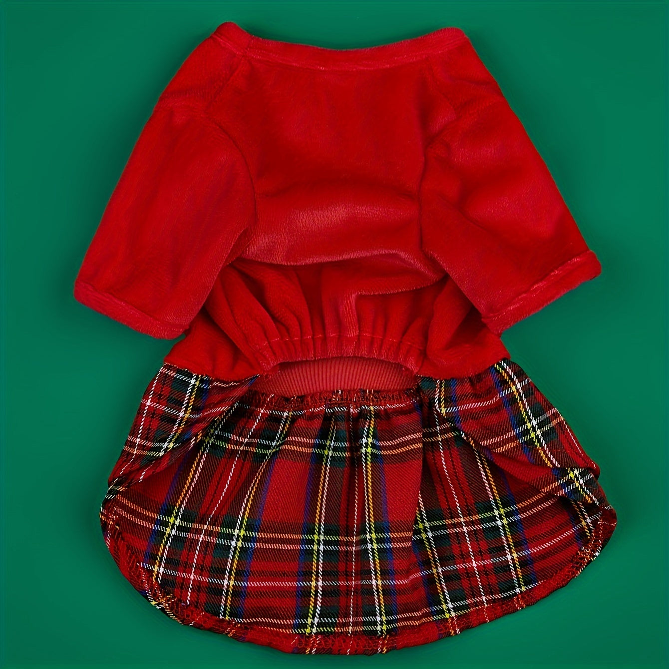 Christmas Santa Print Dog Dress with Plaid Skirt - Polyester Knit Pullover Pet Apparel for Small to Medium Breeds - Machine Washable All-Season Costume