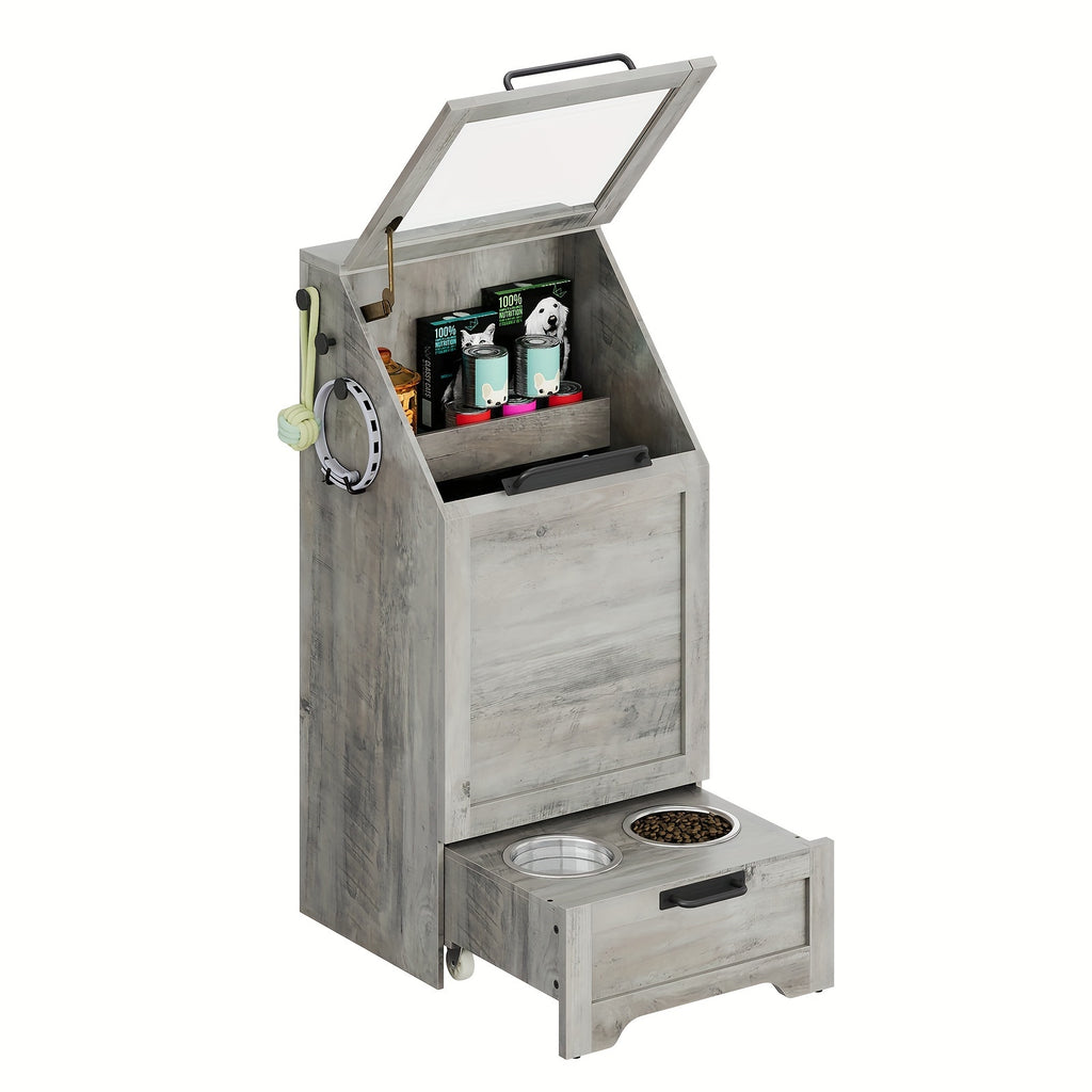 Dog Feeding Station With 2 Elevated Dog Bowls, Pet Feeding Station, Flip Top Dog Food Storage Cabinet, Dog Food Storage Container, Pet Toy Storage Organizer, Modern Dog Storage Organizer, Brown, Grey