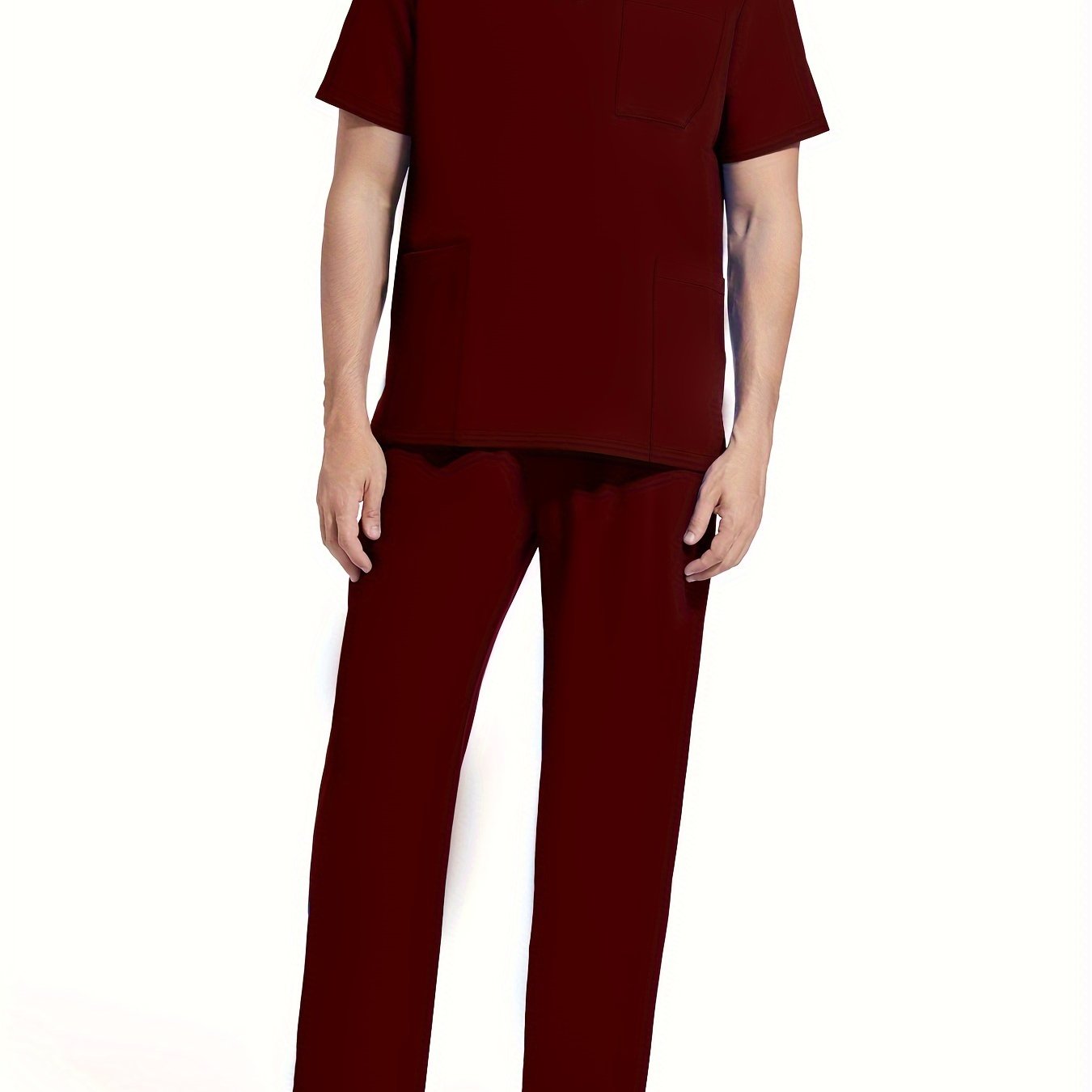 Men's Short Sleeve Summer Work Wear Set, Lab Coat, Pet Grooming Uniform, Breathable V-neck Top With Pockets And Long Pants Outfit