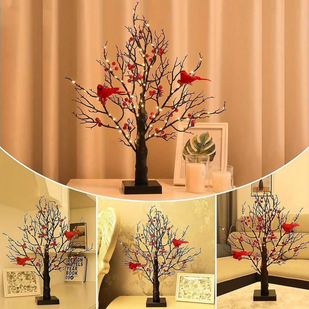 1 Elegant 21" LED-Lit Bonsai Tree with Red Birds & Black Artificial Birch - 60 Warm Yellow Lights, Perfect for Halloween, Thanksgiving, Christmas, Valentine's Decor - AA Battery Operated (Batteries Not Included)