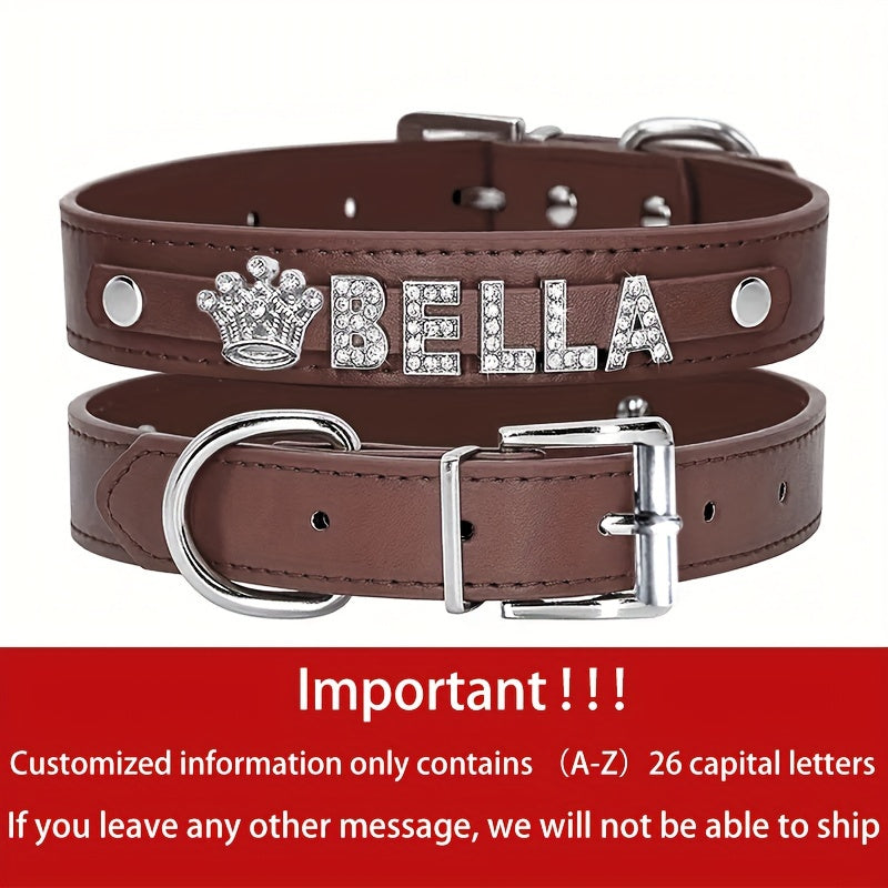Personalized PU Leather Dog & Cat Collar with Sparkling Rhinestone ID Tag - Custom Name "Bella" or "Jamie" & Heart/Paw Print Design, Adjustable Fit for Small to Large Pets, Perfect Gift for Your Furry Friend