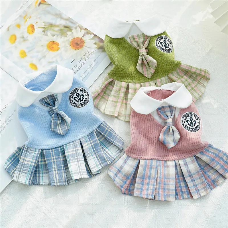 Small Breeds Polyester All-Season Dog Dress, Chic College Style Pet Apparel with Plaid Skirt and Collar, Pullover Design, Ideal for Spring, Cat & Chihuahua, Available in Pink, Blue, Green