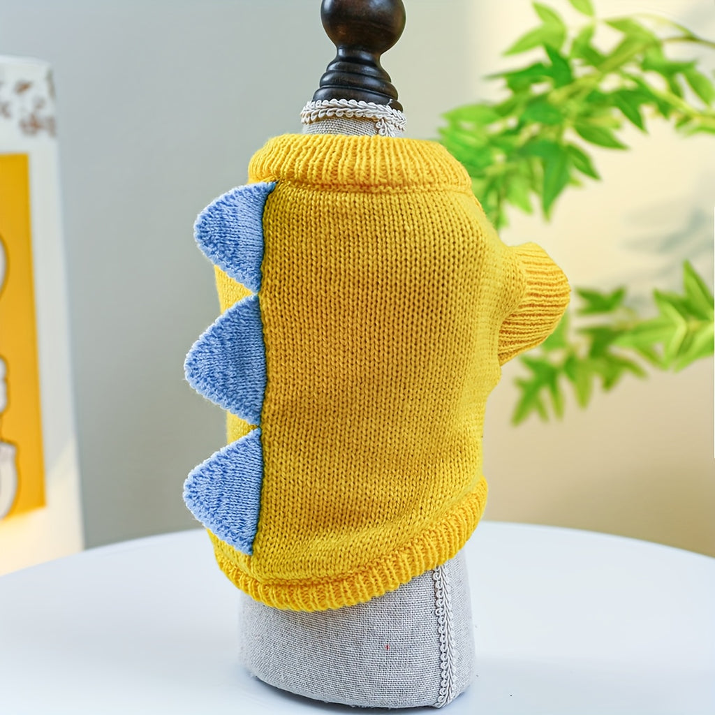 Small Breed Dinosaur Costume Dog Sweater - Yellow Acrylic Knit Pullover for Teddy, Pomeranian, Bichon, Poodle - Warm Autumn and Winter Pet Apparel