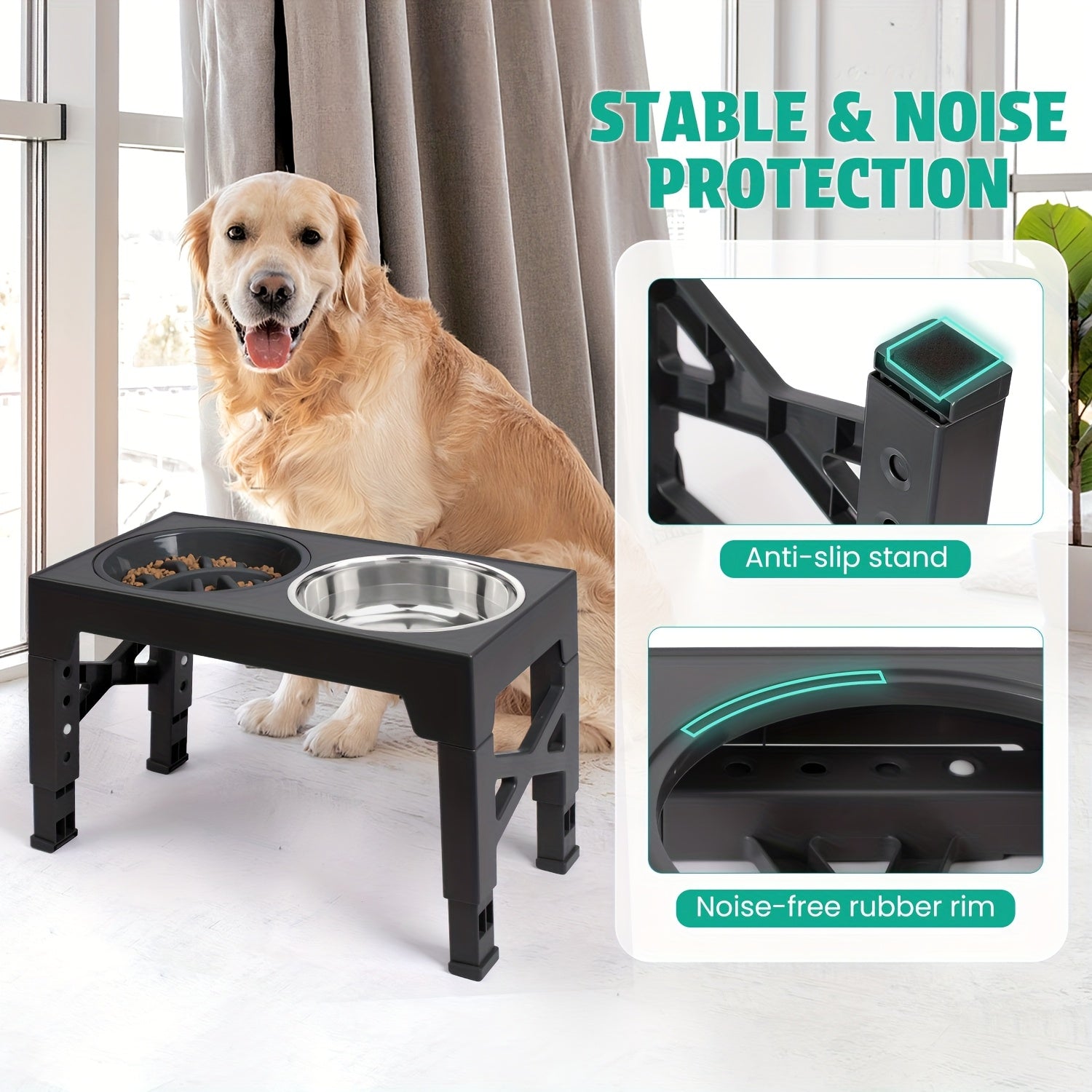 Adjustable Height Elevated Dog Bowl Stand, 5-Level Adjustment from 3.2" to 12.2", Includes 2 Stainless Steel Food Bowls & Slow Feeder, Sturdy Black Metal for Small to Large Dogs, Pet Feeding Station | Sleek Dog Stand | Durabl