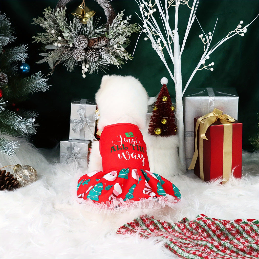 Adorable Festive Christmas Dog Dress - Soft, Cozy, and Machine Washable Polyester Pet Apparel with Vibrant Holiday Print for Small to Medium Breeds, Easy Care and Comfortable Wear