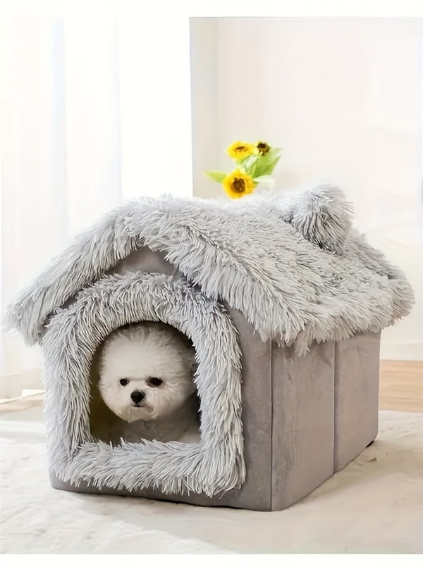 [For Cats & Dogs Plush Bed] Comfortable Plush Pet Bed For Cats And Dogs, Removable Non-slip Bottom Cat House, Four-season Use, Semi-enclosed Pet Sleeping Bed