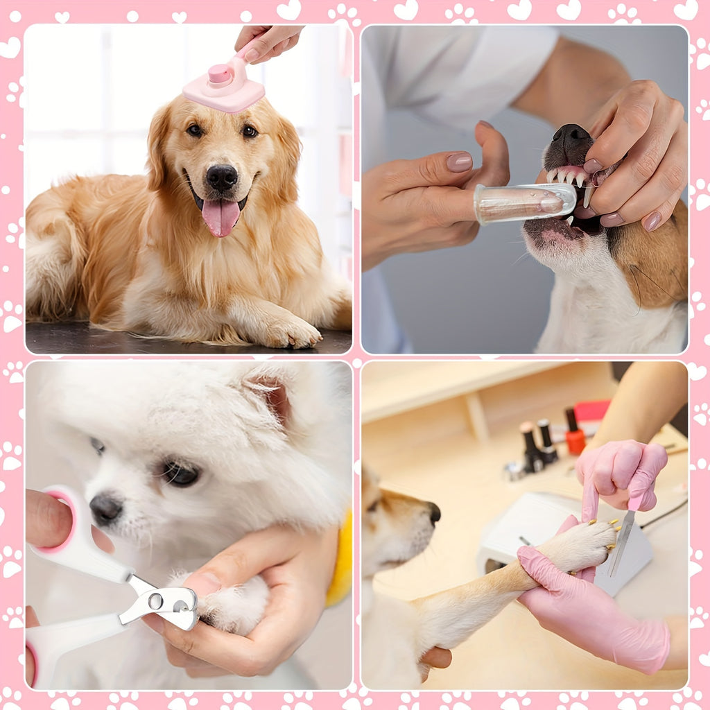 8pcs Pet Grooming Set, Dog Brush Set with Nail Clipper, Flea Comb, Shampoo Brush, Hair Removal Brush, and Silicone Toothbrush