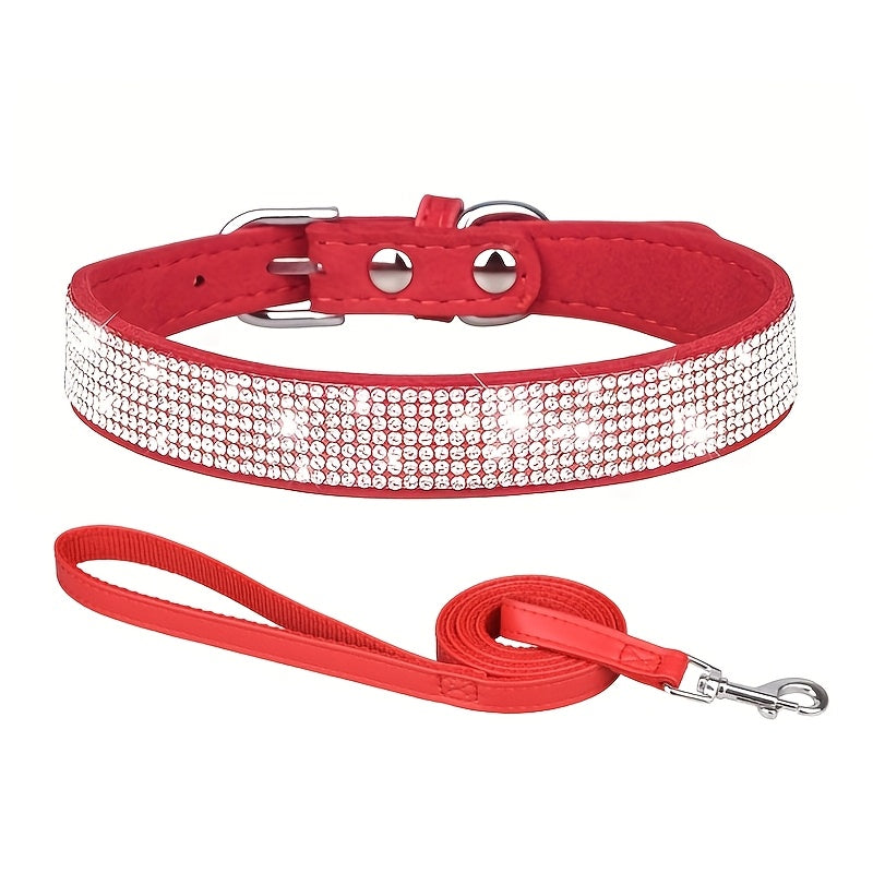 [Adjustable Bling Dog Collar Set] Bling Collar for Dogs, Durable Polyester Adjustable Pet Collar with Rhinestones and Matching Leash Set, Soft-Lined Neck Strap for Small to Large Dogs