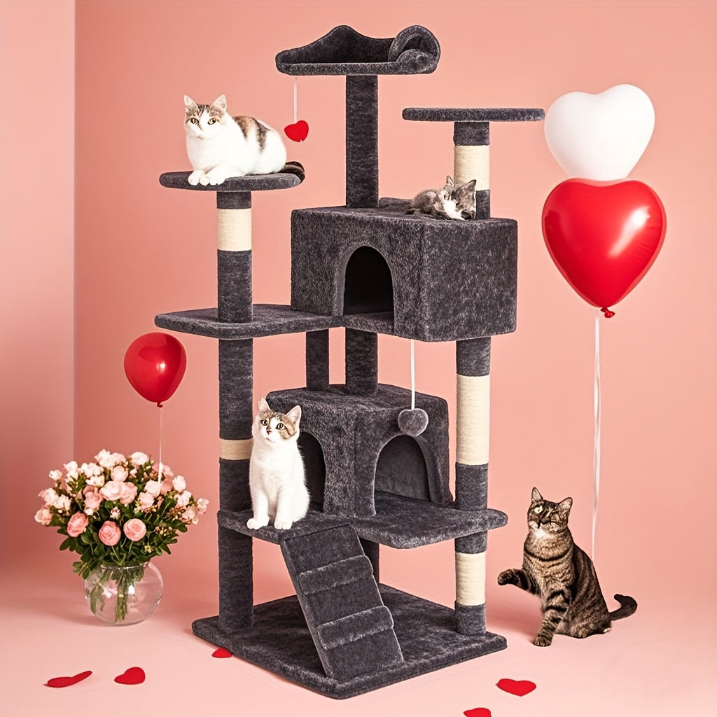 54in Tall Multi-Level Cat Tree Tower for Indoor Cats, Kitty Play House with Sisal Scratching Post, Large Condo, Climbing Ladder, Pet Furniture, Plush Toy for Kitten