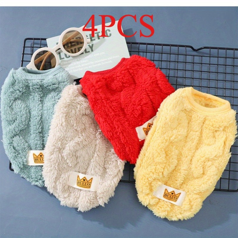 4pcs Dog Sweaters - Cute Fleece Pullover Coats with Wavy Double-Sided Design, Warm Winter Outfits for Small & Medium Dogs & Cats, Soft Polyester Pet Apparel in Light Blue, Red, Yellow, White, Dog Sweater, Pet Winter Wear, Pla