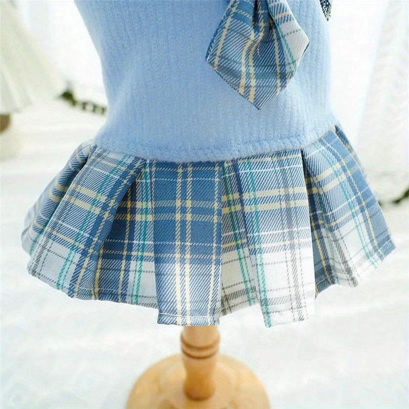 Small Breeds Polyester All-Season Dog Dress, Chic College Style Pet Apparel with Plaid Skirt and Collar, Pullover Design, Ideal for Spring, Cat & Chihuahua, Available in Pink, Blue, Green