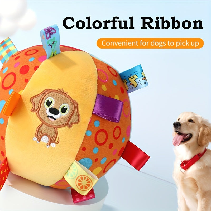 [1pc Durable Squeaky Ball Toy] 1pc Colorful Cartoon-Themed Plush Squeaky Ball Toy for Large Dogs - Durable Chew & Teeth Cleaning Interactive Pet Toy with Ribbon Tail, No Batteries Required, Dog Toys