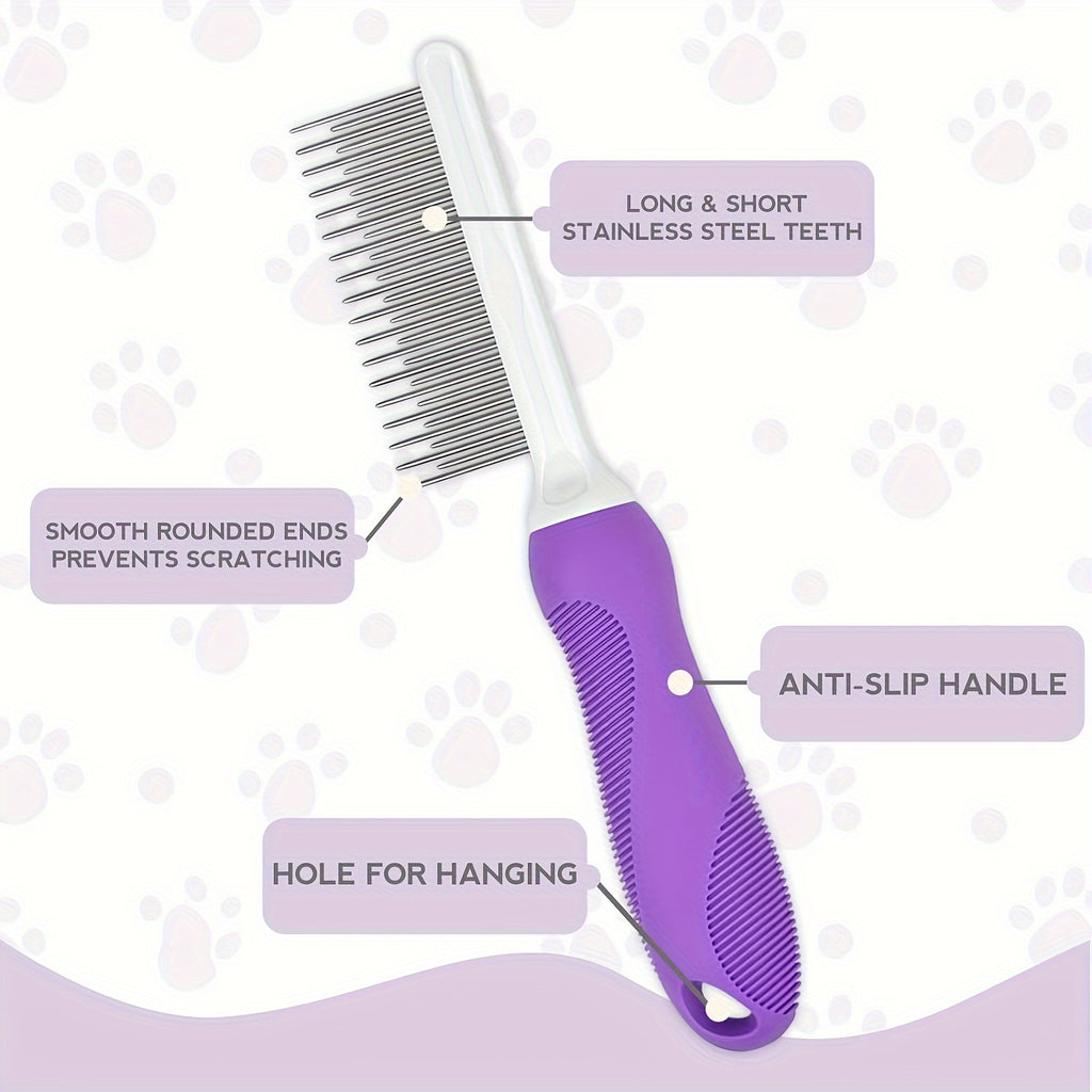 2-in-1 Pet Grooming Comb for Dogs & Cats - Stainless Steel Detangling and Dematting Tool with Long & Short Teeth, Safe Knot Removal for Healthy Coat