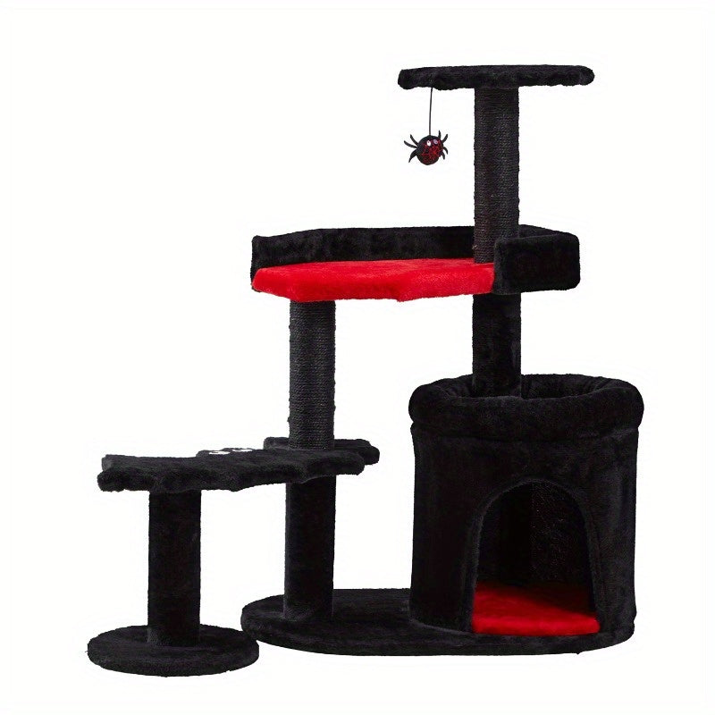 1pc Gothic Iron Cat Tree Tower with Scratching Post, Coffin Bed, and Playhouse - Durable Sisal Rope for Indoor Cats - Halloween-Themed Pet Furniture