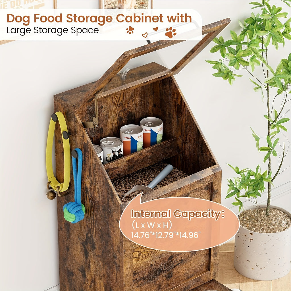 Dog Feeding Station With 2 Elevated Dog Bowls, Pet Feeding Station, Flip Top Dog Food Storage Cabinet, Dog Food Storage Container, Pet Toy Storage Organizer, Modern Dog Storage Organizer, Brown, Grey