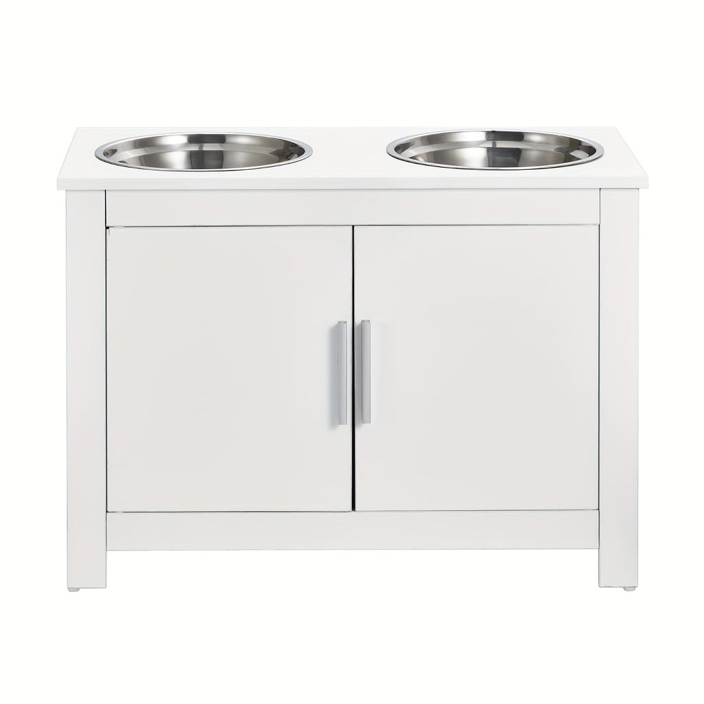 Happybuy Elevated Dog Feeding Station with 2 Stainless Steel Bowls & - Modern White Wood Pet Dispenser, Heavy-Duty Elevated /Water Dispenser for Large Breeds, Space-Saving Design for Home, Easy ssembly, Pet Feeding Station, R