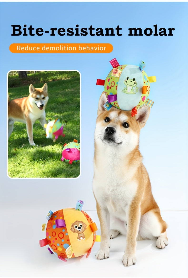 [1pc Durable Squeaky Ball Toy] 1pc Colorful Cartoon-Themed Plush Squeaky Ball Toy for Large Dogs - Durable Chew & Teeth Cleaning Interactive Pet Toy with Ribbon Tail, No Batteries Required, Dog Toys